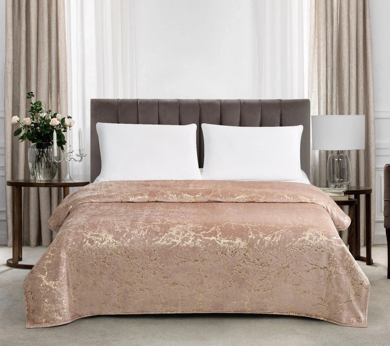 HKZ Marble Gold Effect Ultra Soft Fleece Throw Blanket, Double and King Size