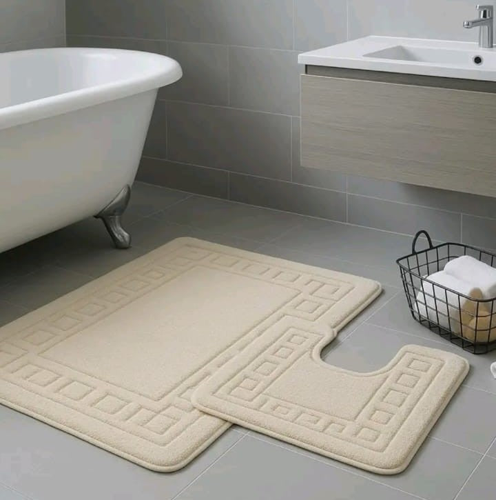 GREEK STYLE BATH MAT PEDESTAL SET NON SLIP TOILET BATHROOM RUGS 2 PIECE