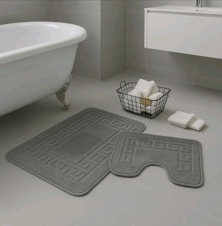 GREEK STYLE BATH MAT PEDESTAL SET NON SLIP TOILET BATHROOM RUGS 2 PIECE